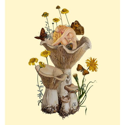 A vintage inspired collage print featuring mushrooms, flowers, and butterflies with a whimsical element.